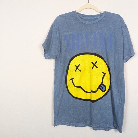 Nirvana Officially Licensed Blue Tie Dye Nevermind Smiley Grunge Band Tee - Picture 3 of 5